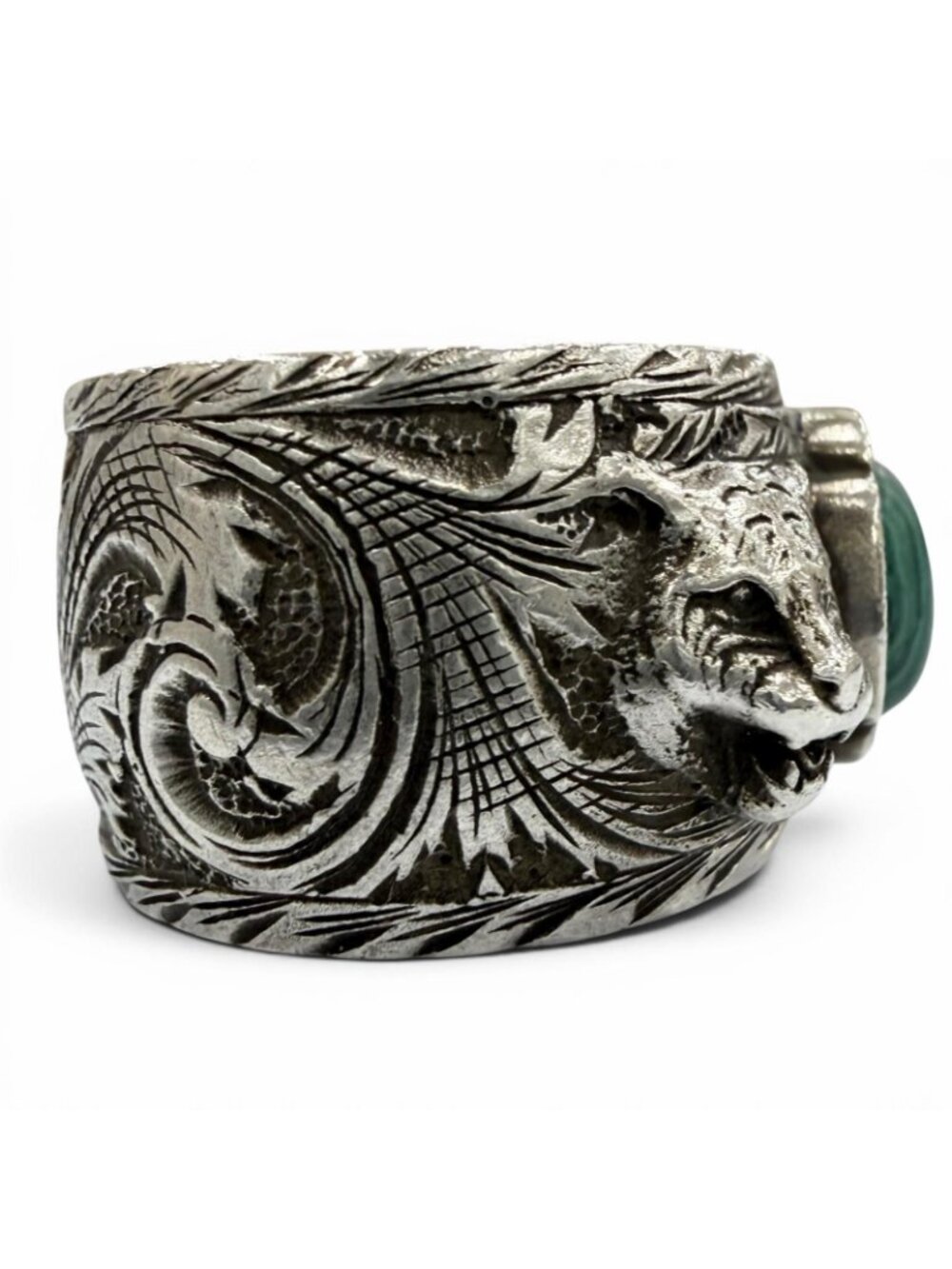 Gucci Arabesque Garden Cat Head Malachite Ring Silver - Picture 6 of 11